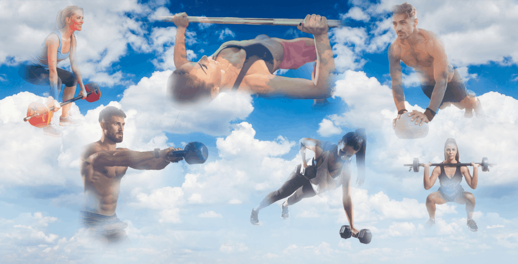 A collage of people enjoying the benefits of strength training by performing various strength training exercises against a cloudy blue sky background
